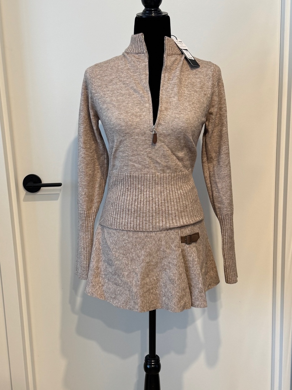 NWT Oatmeal Knit Long-Sleeve Skirt Set with Zip Detail